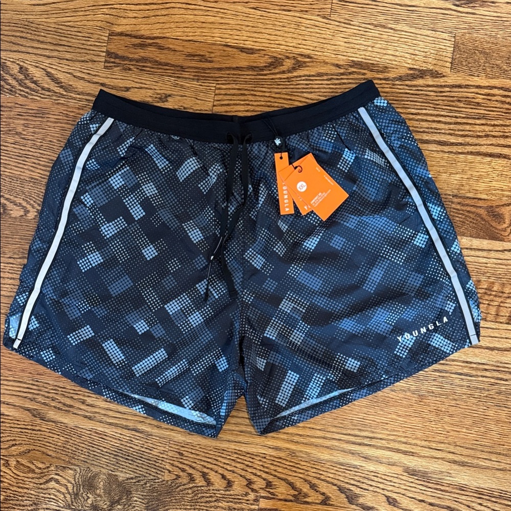 YoungLA Black and Blue Geometric Patterned Shorts